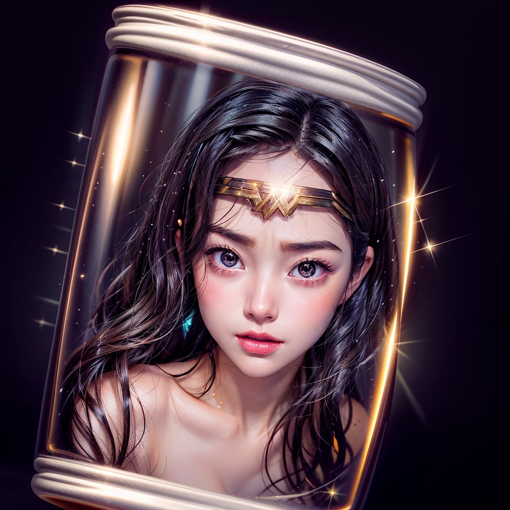 High-level, 8K Masterpiece TopQuality, Ultra-detailed CG, Absurd detailed wallpaper, PerfectLighting, Extremely detailed (((Personifying " Sexy Wonder Woman " as a KAWAII Girl))), Characteristic Items, aesthetic LifeLike Rendering, MysticSight,
Haze Tyndall Scattering, (Studio GRAY Background with (Oodles Dazzling RainbowColorParticles (BokeH))), (((Assfocus)) RoundlyButts ThighGap), (Exposed:0.9) NSFW 🔞 BREAK (Acutance:0.8), (NOGIZAKA FaceVariations) Extremely Detailed very KAWAII FaceVariations, Childish CaptivatingGaze ElaboratePupils Detailed Eyes with (SparklingHighlights:1.28), (Voluminous LongEyelashes:0.88)、Glossy RedLips with beautiful details, CoquettishTongue, RosyCheeks, Radiant PearlSkin with Transparency, Glowing DowneyHair . { (Dynamic LifeLike expressions:1.4) | (:d) }, (large eyes:-1) .in container