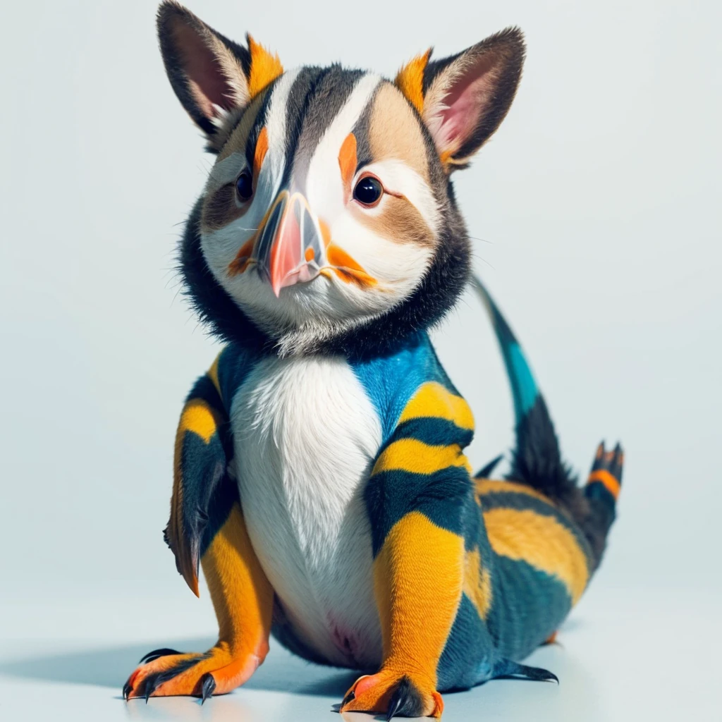 Small Animals,  kangaroo mixed with House lizard, has yellow and blue stripes on its body, Grassroots, no background, (has beard), ((Puffin mouth))