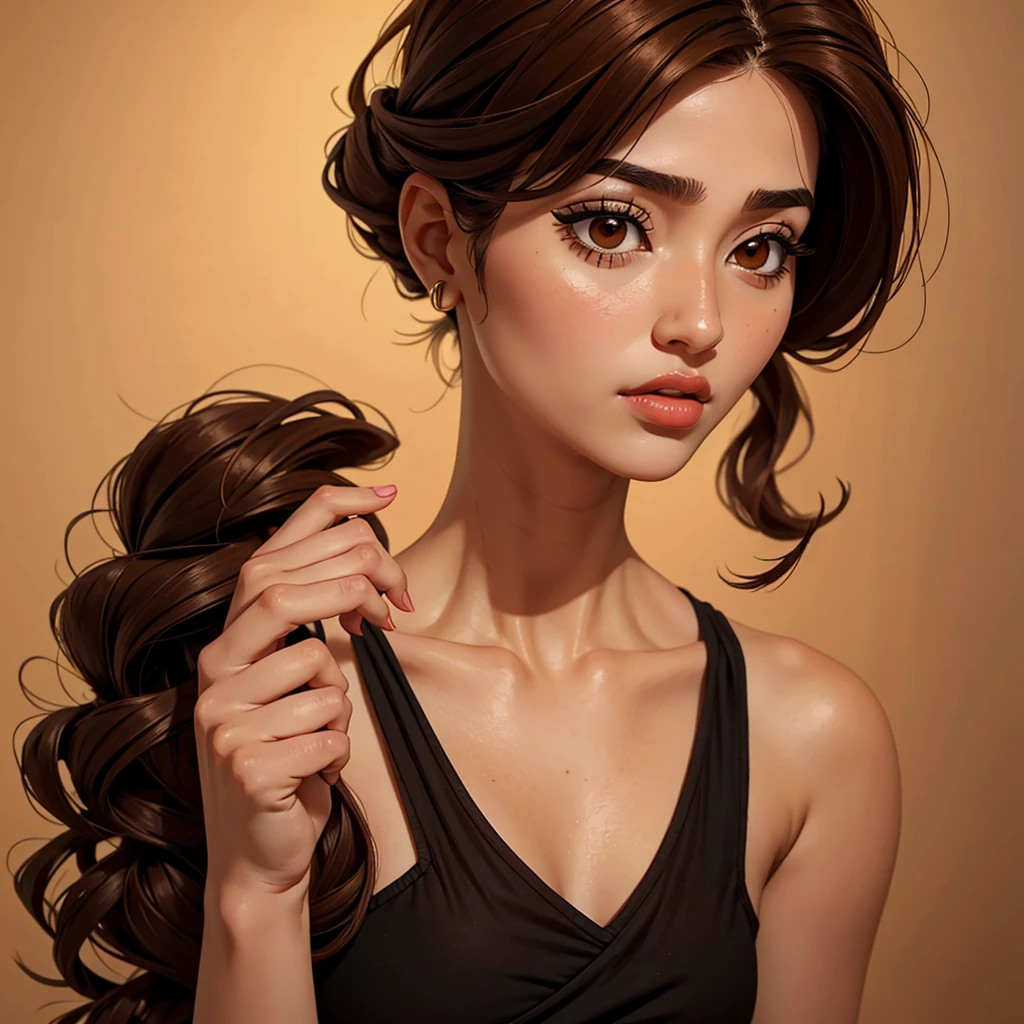 iraqi woman. her age is 33 and her height 165. she has a small eyes and thick eyelashis. brown hair red cheeks and small lips and Korean body
