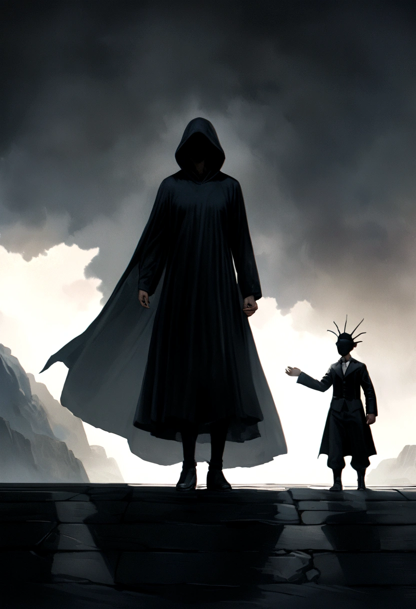 "Two characters meet: A thin man with short black hair, wearing a long cape and a black mask. Beside him stands another thin man, in a black hoodie with the hood over his head. They shake hands. Both are minimalist characters, in 8k resolution, photorealistic style, cinematic lighting, with a melancholic atmosphere, dramatic shadows, and a muted color palette."