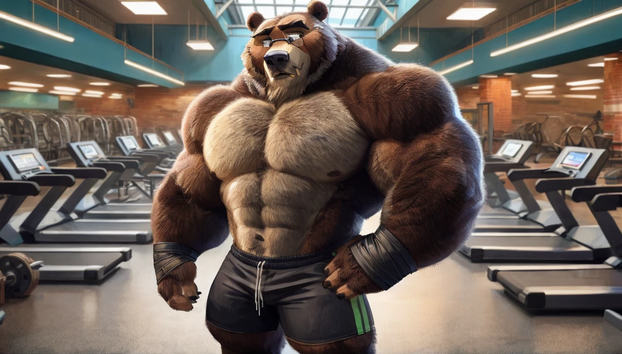 solo, 1boy, Huge Muscular Old bear wearing glasses, brown fur, hairy pectoral, huge pectoral, wide pectoral, short white hair, short pants and shirtless, bearded, mustache, simple background, masterpiece, high detailed, 8k, high resolution