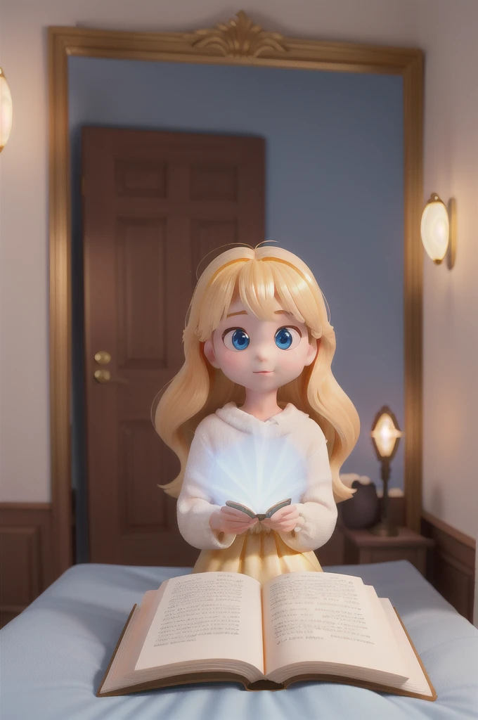 there is a with golden hair with beautiful and big brown eyes with white sparkles, she is in her room, while she is holding a book with a golden cover, she is sitting on the bed, and from the book emanates a golden light (( the book is magic)) the blue light emanates from the pages of the book, ((the blue light reflects on the little girl's face)), the book is color golden, is night and the only light is light from book((,particelle multiple shiny light from book)) ((fluo golden light from pages book))