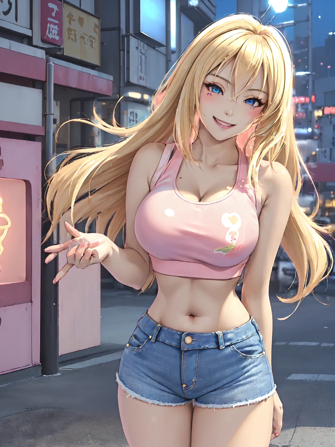 (This is a close-up shot of a gyaru Japanese girl:1.5), (standing in a city street:1.3), (at night with neon lights in the background:1.4), (solo:1.4), (1girl:1.4), (short bleached blonde hair with highlights:1.4), (heavy makeup:1.4), (dramatic winged eyeliner:1.3), (pouty pink glossy lips:1.3), (tanned skin:1.3), (wearing a revealing crop top:1.4), (tight jean shorts showing midriff:1.4), (detailed face:1.4), (beautiful detailed eyes:1.4), (big cheerful smile:1.4), (slightly squinting eyes from smiling:1.3), (large breasts:1.4), (slender curvy figure:1.4), (masterpiece:1.3), (best quality:1.4), (ultra high res:1.3), (photorealistic:1.2)