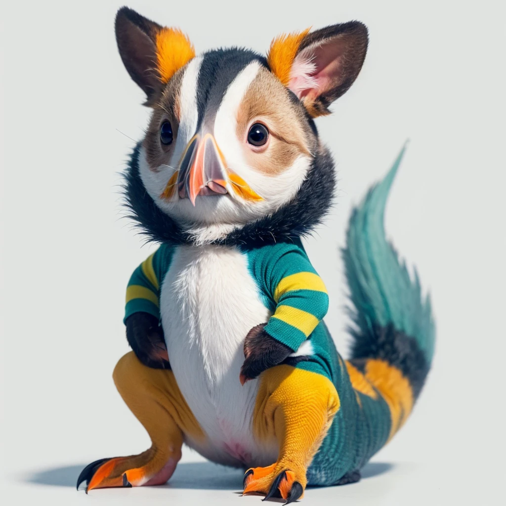 Small Animals, baby kangaroo mixed with House lizard, has yellow and blue stripes on its body, Grassroots, no background, (has beard), ((Puffin mouth))