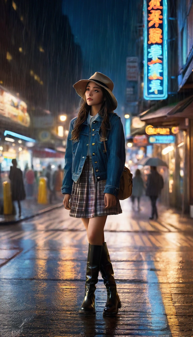 "A girl is strolling through the city street at night, amidst gentle rainfall. She's dressed comfortably, donning a jacket, hat, and boots. The rain creates a dance of shadows and light on the city. Cars pass by, their lights flickering and headlights shining. Shops are open, their lights aglow and windows filled with products. The atmosphere is one of hustle and vibrancy, subtly tinged with romance and enchantment."