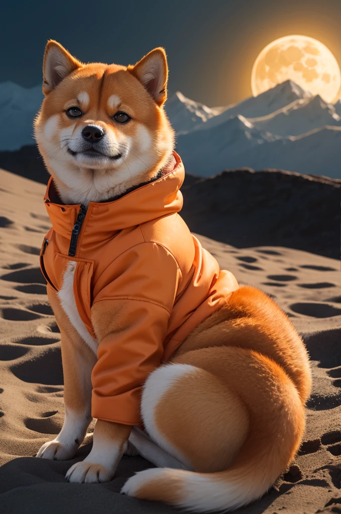 caramel shiba inu dog sitting on the moon wearing orange coat 