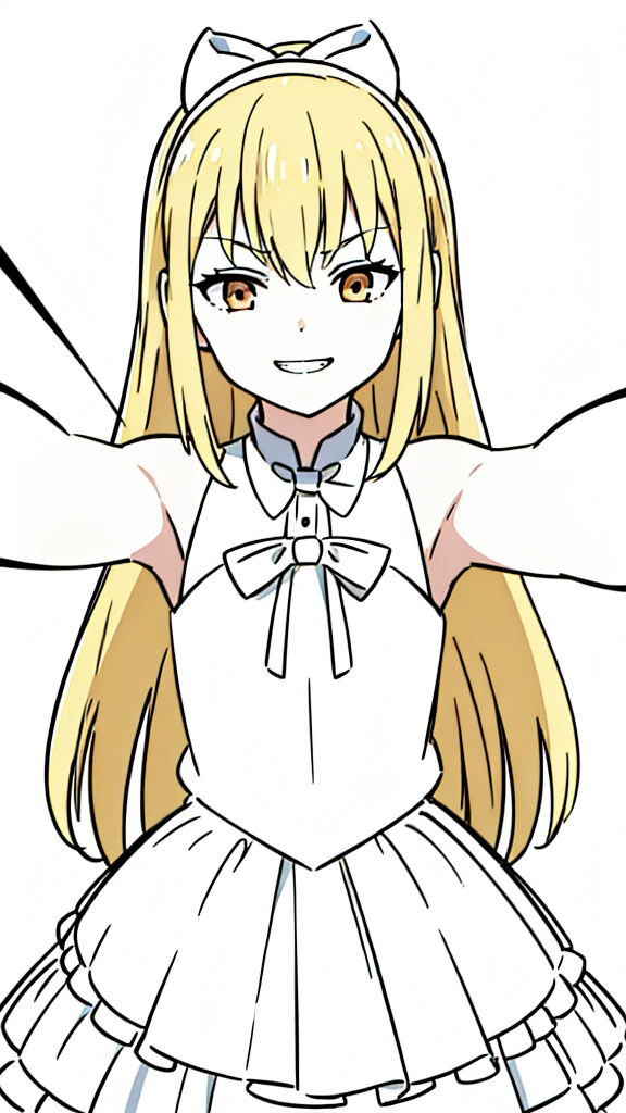 (1girl,8 ,small),blonde hair,long hair, white dress, sleeveless, bow tie, bare shoulders, evil smile,teeth,(white background,line drawing),kabedon pov,punch,closed hand