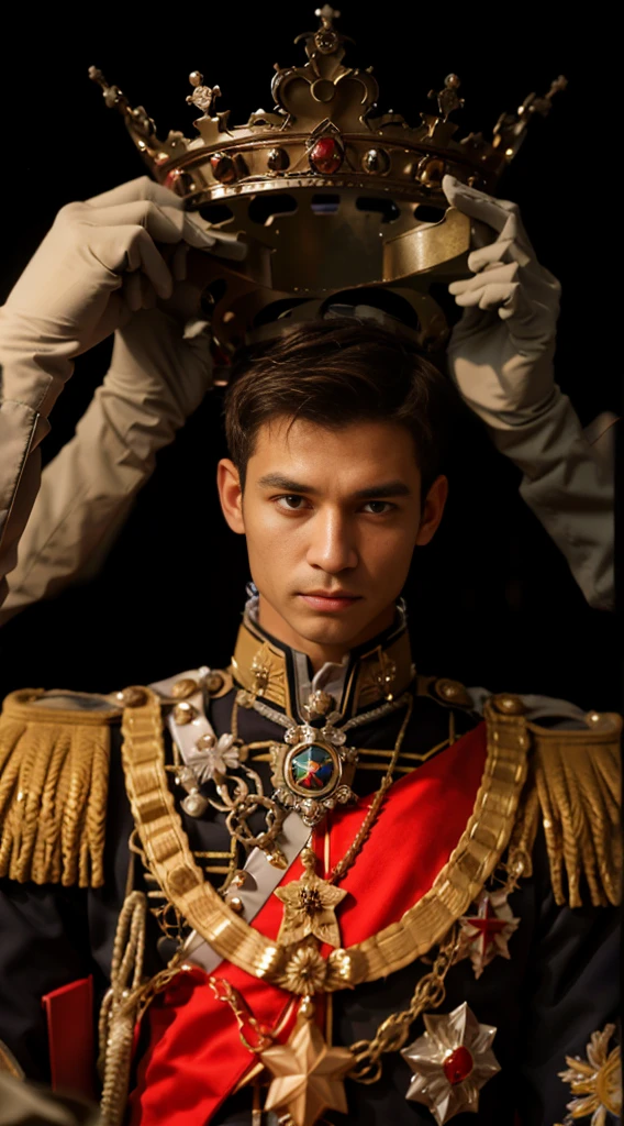 blurred image of a man in uniform holding a crown over his head, rei, malaio