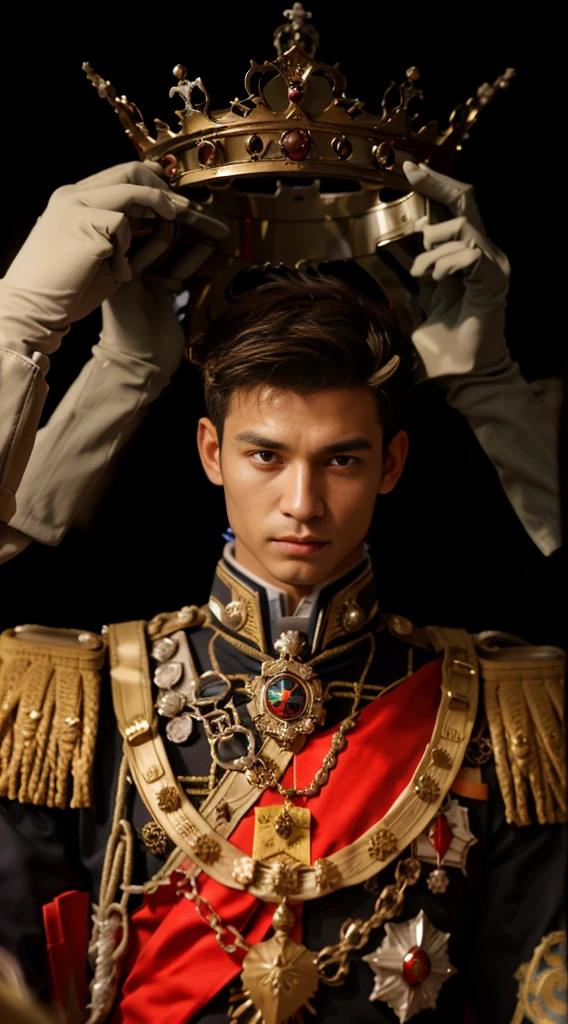blurred image of a man in uniform holding a crown over his head, rei, malaio