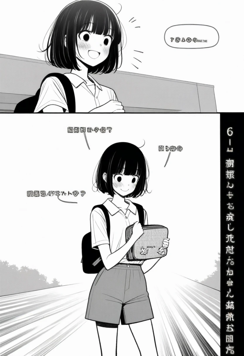1girl, mamerakkkkko, masterpiece, best quality, grayscale, style: manga, japanese, chi no wadachi, black eyes, street, iced, black hair, schoolbag, smile, lineart, white background, white shirt, grey shorts,