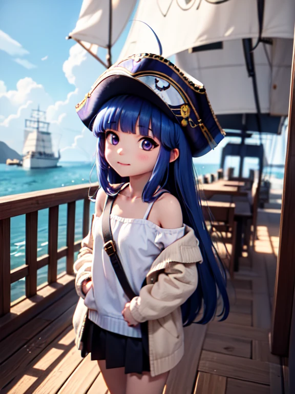 (Eye patch), One Girl, alone, (furude rika), Blue Hair, Purple eyes, Long Hair, blunt bangs, bangs, AnimeChibi, quiet night、A female pirate stands guard on the ship&#39;s lookout with the full moon in the background。Eye patchと皮革の衣装が際立ち、A scene of tension in silence。Her sharp gaze is impressive.。
, pirate, pirate hat, deck, coat, bare shoulder, 