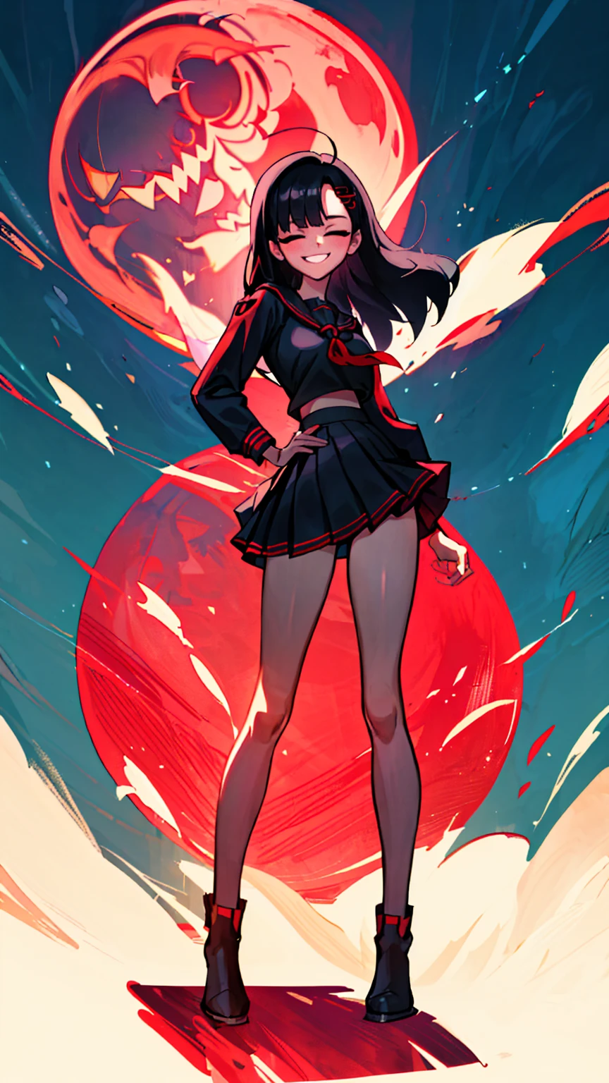 Masterpiece, best quality, high resolution, 1 woman, Ichika , long straight black hair , Close your eyes.... , smile , sailor shirt , short skirt , underwear , boots, Long legs , Stand with your legs spread apart.. , full body , sly face , abdomen , big breasts , stand on your hips..., slope , at night , red moon