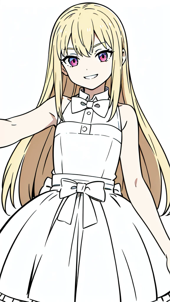 (1girl,,small),blonde hair,long hair, white dress, sleeveless, bow tie, bare shoulders, evil smile,teeth,(white background,line drawing),pov,punch,closed hand