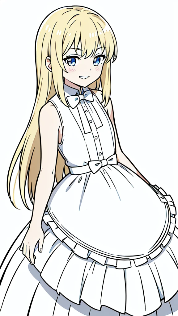 (1girl,8 years old,small),blonde hair,long hair, white dress, sleeveless, bow tie, bare shoulders, evil smile,teeth,(white background,line drawing),pov,punch,closed hand
