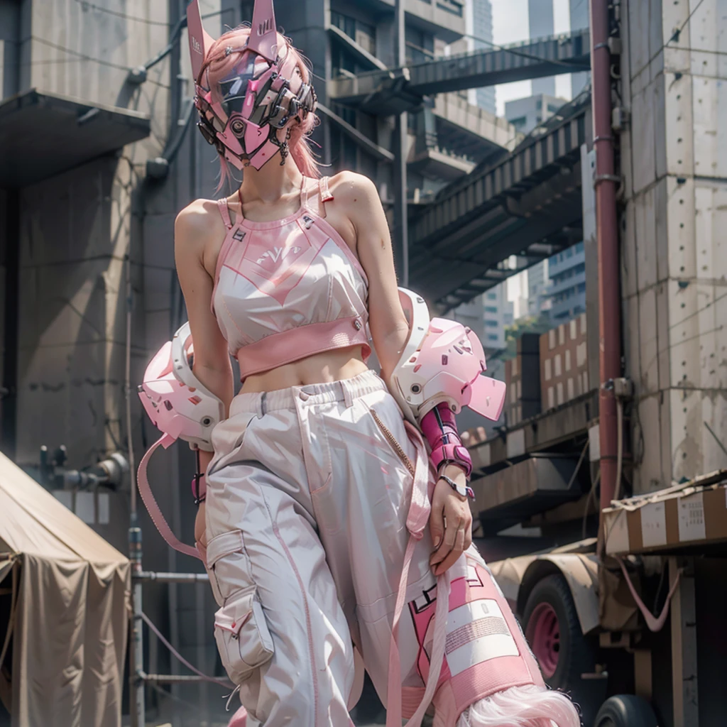 1girl, pink hair, cyber helmet, hood, sexy white tank top, cyber body, white cargo pants, mouth mask, covered mouth, pale skin, Blur background, 8K, Hi-Res, bare skin
