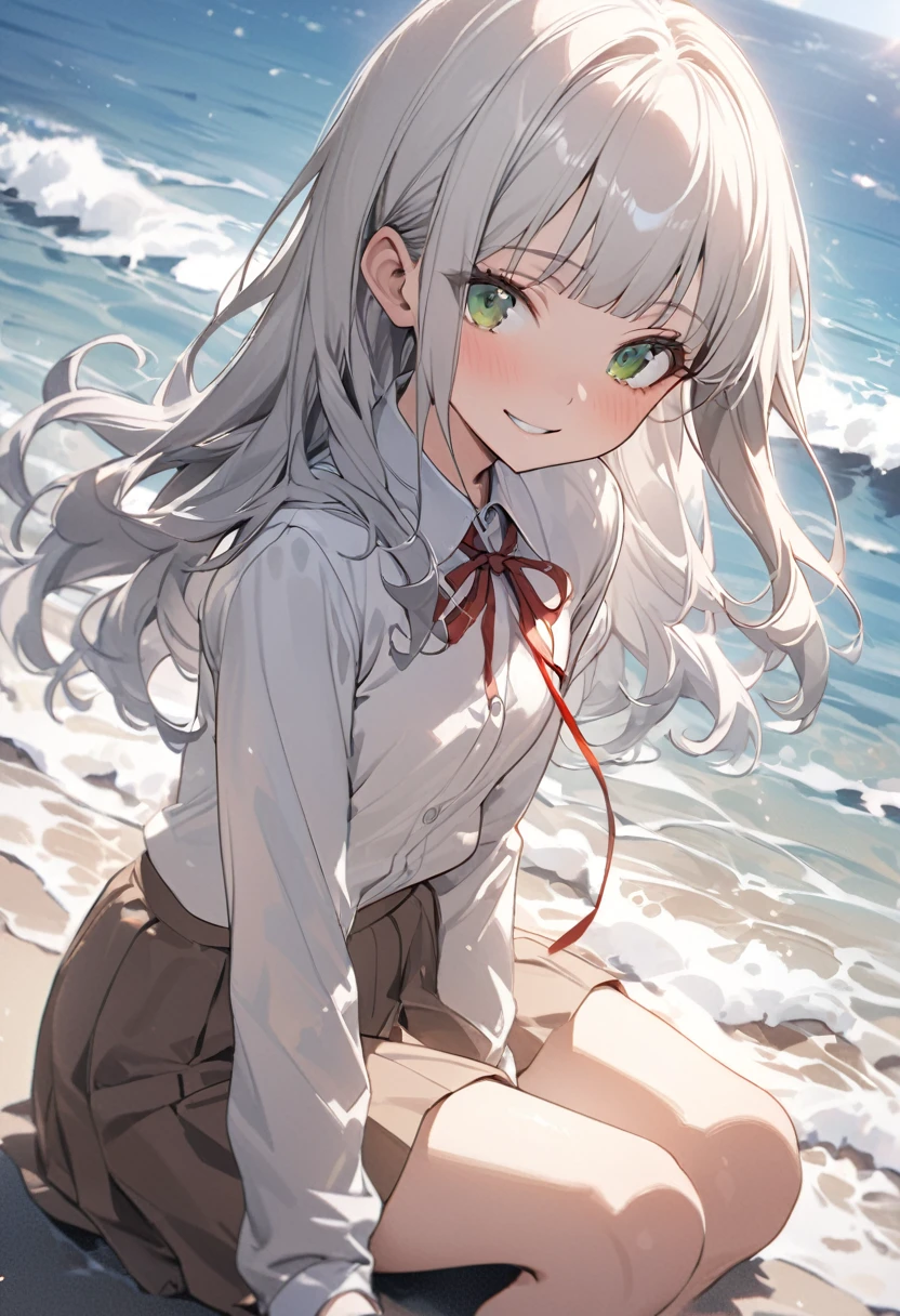 ((Masterpiece)), ((best quality)), (Anime:1.3), (super detail:1.2), (High Definition:1.3), (Professional Photography:1.3), (wide shot), (sharp focus), (perfect light), (()), (Healthy slim body), 8K, Textured skin, cinematic lighting, (1girl), short stature, ((cute teenage younrl)), on the coastline, (loose blunt bangs), slightly loose curls hair, (breasts length hair), pale silver hair, (innocent smile), (cute green eyes), drooping eyes, slender waist, (pale Ivory color blazer student's uniform), (white blouse), put on red string ribbon, (brown skirt), sit on the beach, sunnyday