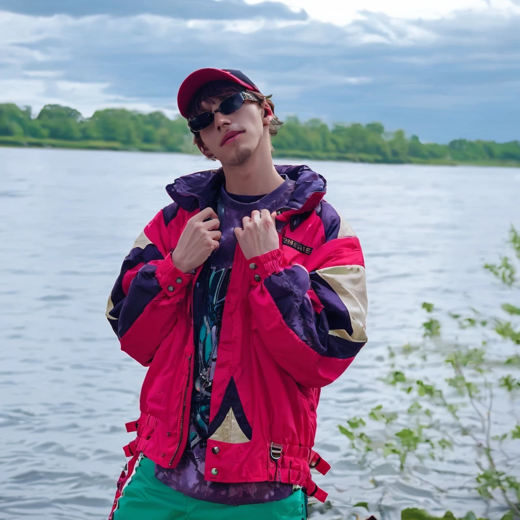 a man in a jacket and sunglasses stands by the water, The picture is very, very low quality, looks like a mix of grimes, on the lake, album's cover, young man in a purple sweatshirt, looks like a mix of grimes, looks like a mixture of dirt