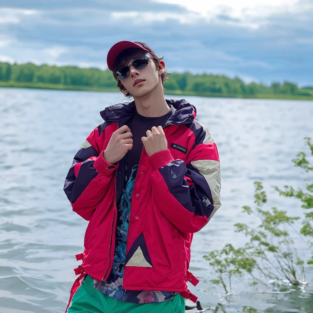 a man in a jacket and sunglasses stands by the water, The picture is very, very low quality, looks like a mix of grimes, on the lake, album&#39;s cover, young man in a purple sweatshirt, looks like a mix of grimes, looks like a mixture of dirt