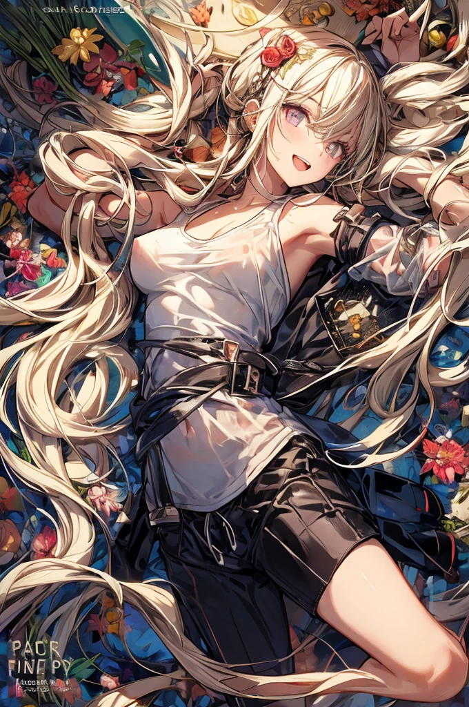 (small breasts:1.2), (perky chest:1.2), (pointed chest:1.2), (Pudding cake magazine cover:1.3),(from above:1.0),(shoot from the side:1.1),masterpiece, 1girl, Amazing Cleavage:1.1, thin waist, optimum,tmasterpiece,hight resolution,best qualtiy,hyper HD,super detailing,awardwinning,a 18yo cute girl,(The upper part of the body),anatomy correct,Beautiful Black miniskirt,garters,Gaze,Small face,bangss,holster,Beautuful Women,hands up,leg holster,Gaze,black boots,Cowboy Shot,cute face,a blond,Longhaire,Twin-tailed,Braids, Hairline,(scarlet eyes),long eyelasher,Hanging eye corners,White skin of the, ((see through camisole:1.1)), ((Sheer nipples:1.0)),Rocket Tits,(Slim body),smile,seductive weak smiling,(with sparkling eyes and a contagious smile),little open mouth, Looking at Viewer,