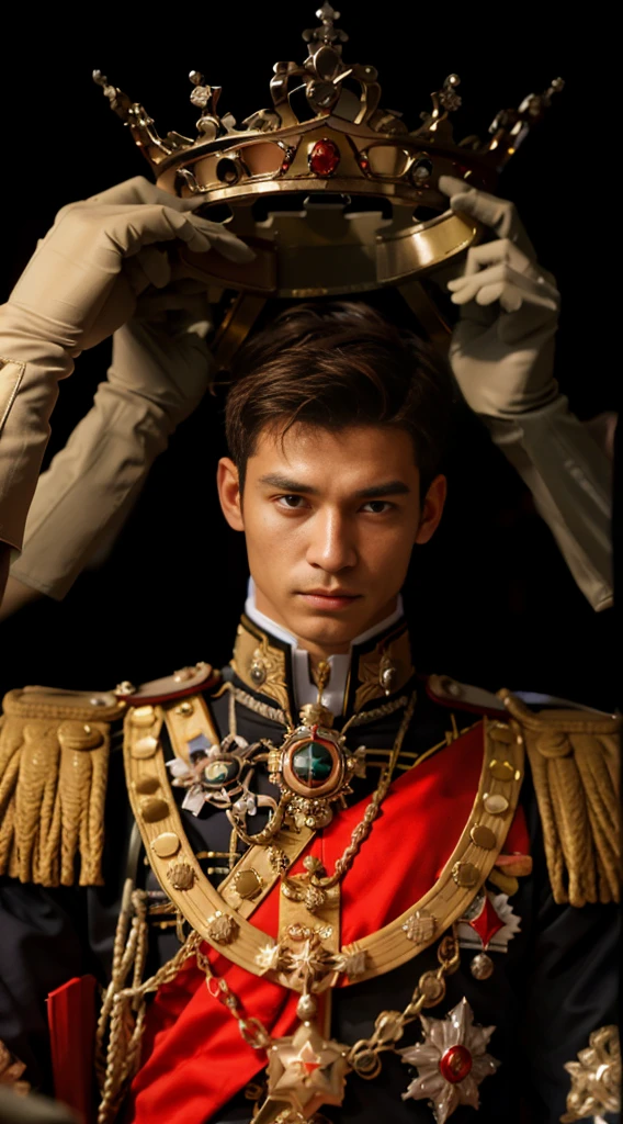 blurred image of a man in uniform holding a crown over his head, rei, malaio