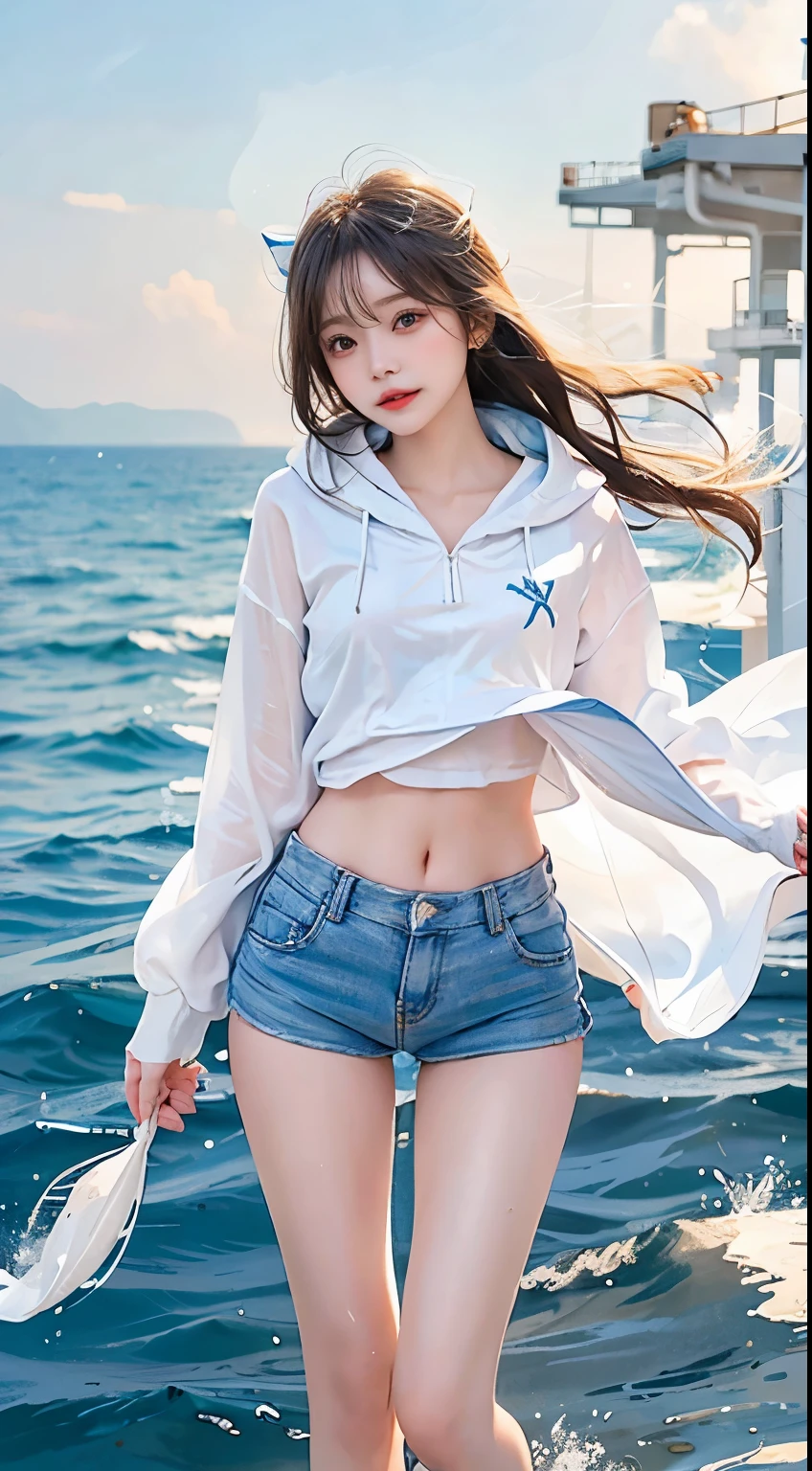 Arafed asian woman in a white shirt and blue shorts standing on a boat ...