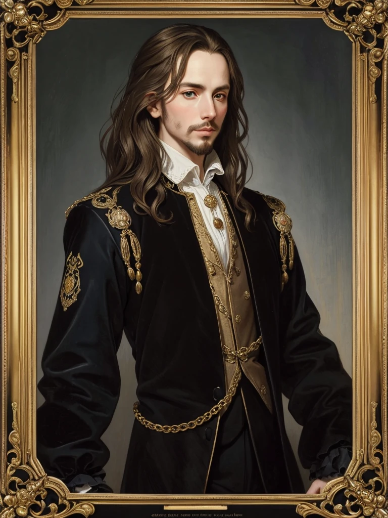 Christopher Marlowe's portrait, young, white skin, piercing blue eyes, golden-brown locks, combed back, refined features, sharp jawline, dignified posture, Elizabethan black velvet jacket, golden ornament, white laces, bare white neck, Mucha style, Mucha background, realistic, portrait
