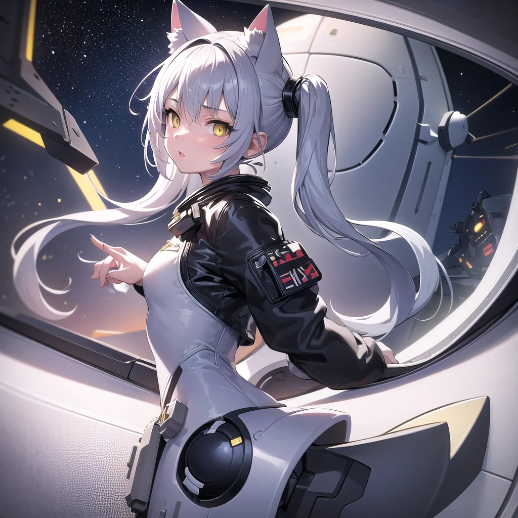 masterpiece, best quality, 1girl, spacecraft interior, spacesuit, upper body, from side, science fiction, yellow eyes, twintails, silver hair, cat ears, looking at viewer,