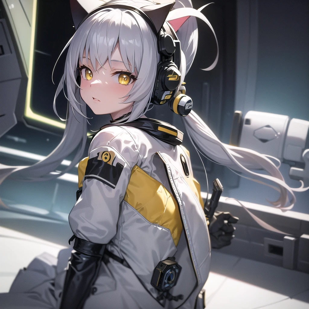 masterpiece, best quality, 1girl, spacecraft interior, spacesuit, upper body, from side, science fiction, yellow eyes, twintails, silver hair, cat ears, looking at viewer,