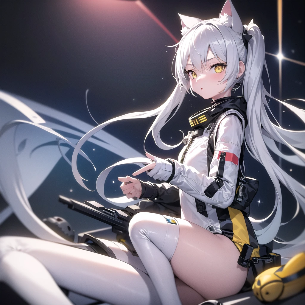 masterpiece, best quality, 1girl, spacecraft interior, spacesuit, upper body, from side, science fiction, yellow eyes, twintails, silver hair, cat ears, looking at viewer,