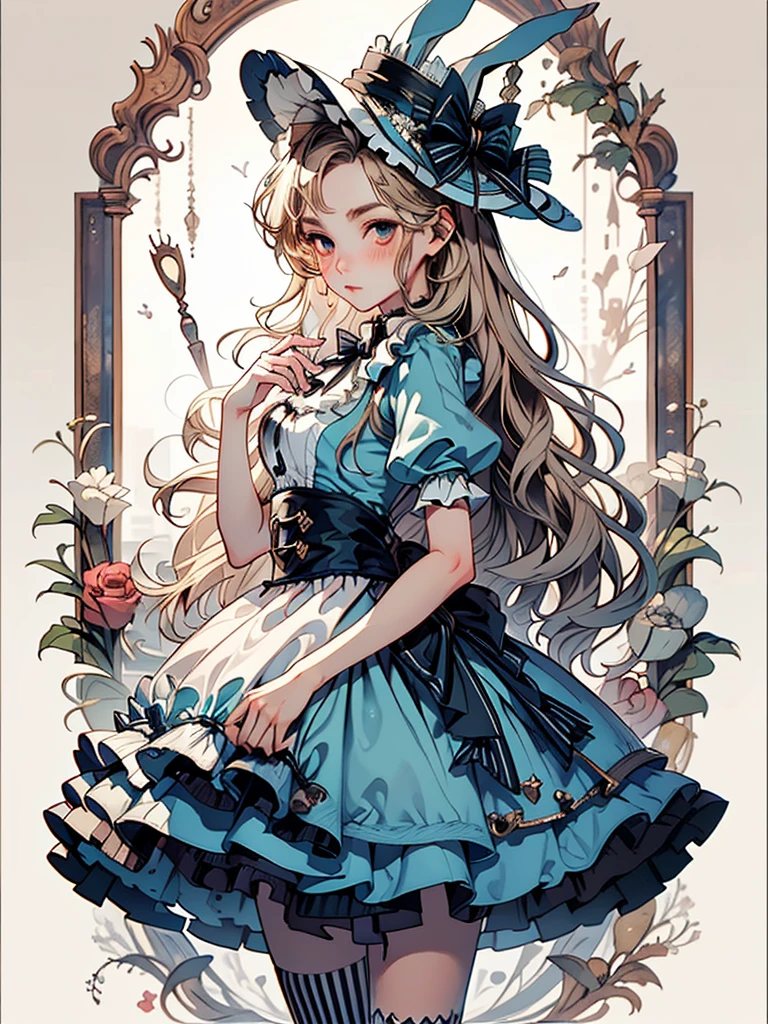 (masterpiece, best quality), 1girl, 22 years old, BJD doll, blush, alice in wonderland, hat, blue dress, high socks,