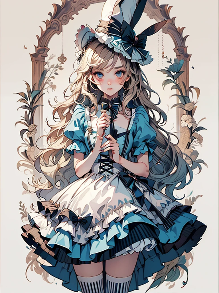 (masterpiece, best quality), 1girl, 22 years old, BJD doll, blush, alice in wonderland, hat, blue dress, high socks,