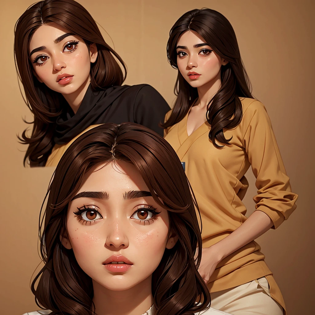 iraqi woman. her age is 33 and her height 165. she has a small eyes and thick eyelashis. brown hair red cheeks and small lips and Korean body