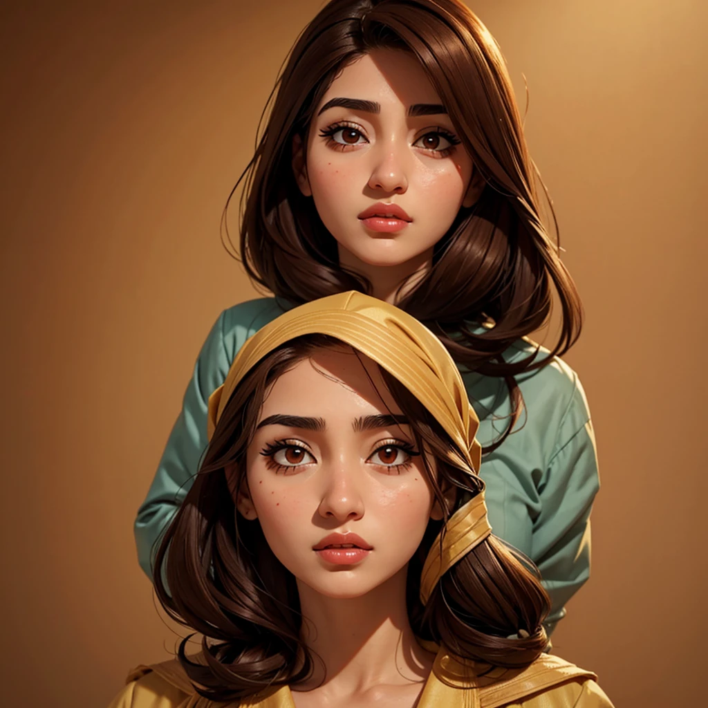 iraqi woman. her age is 33 and her height 165. she has a small eyes and thick eyelashis. brown hair red cheeks and small lips and Korean body