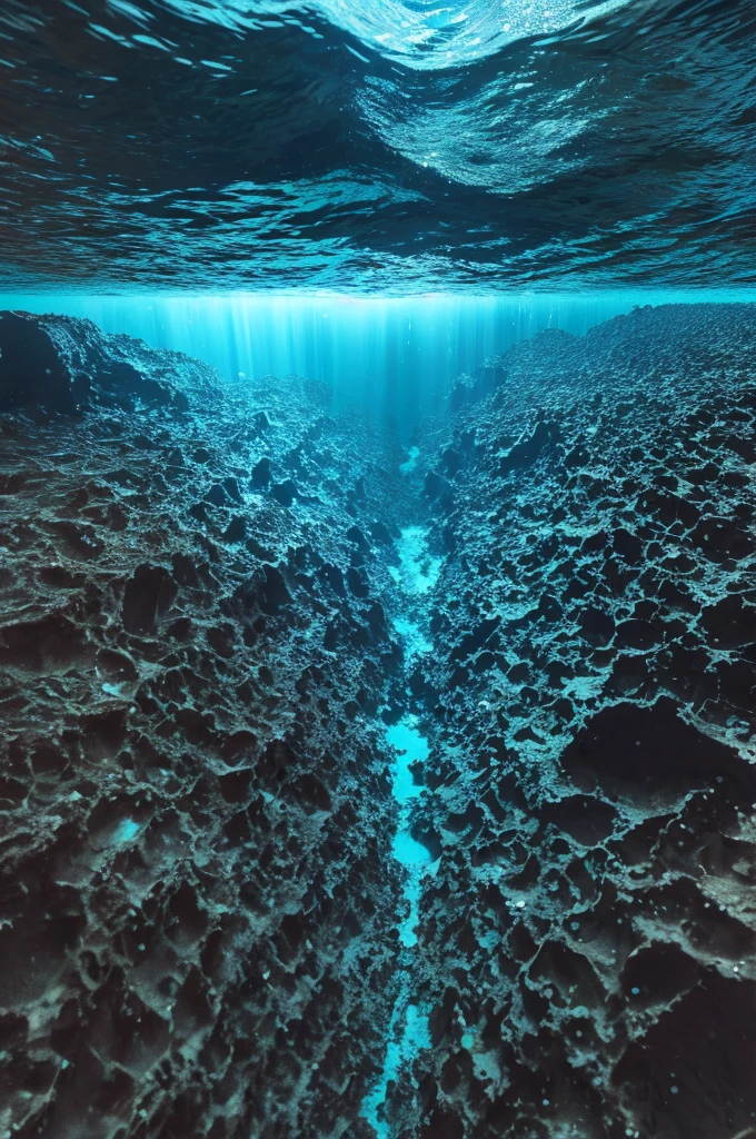 water surface, Mariana Trench from a 3D side perspective, ocean floor, dark and cold, little light and a deep, dark trench