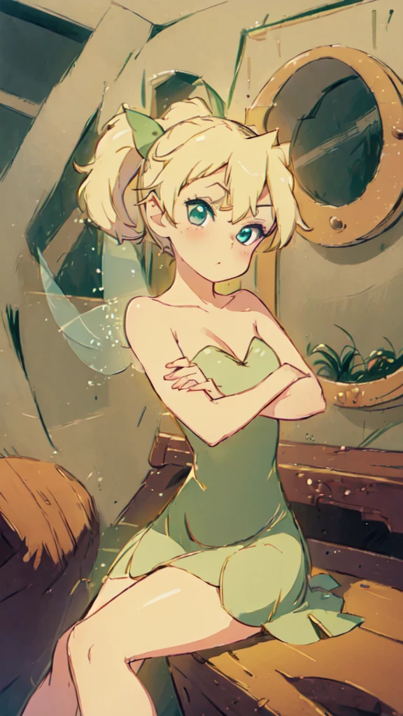 (masterpiece:1.4), (best quality:1.4), (high resolution:1.4), 1girl, tinker bell, short ponytail, fairy wings, green fairy outfit, crossed arms, crossed legs, angry, puffy cheeks, full-face blush, looking at viewer, 