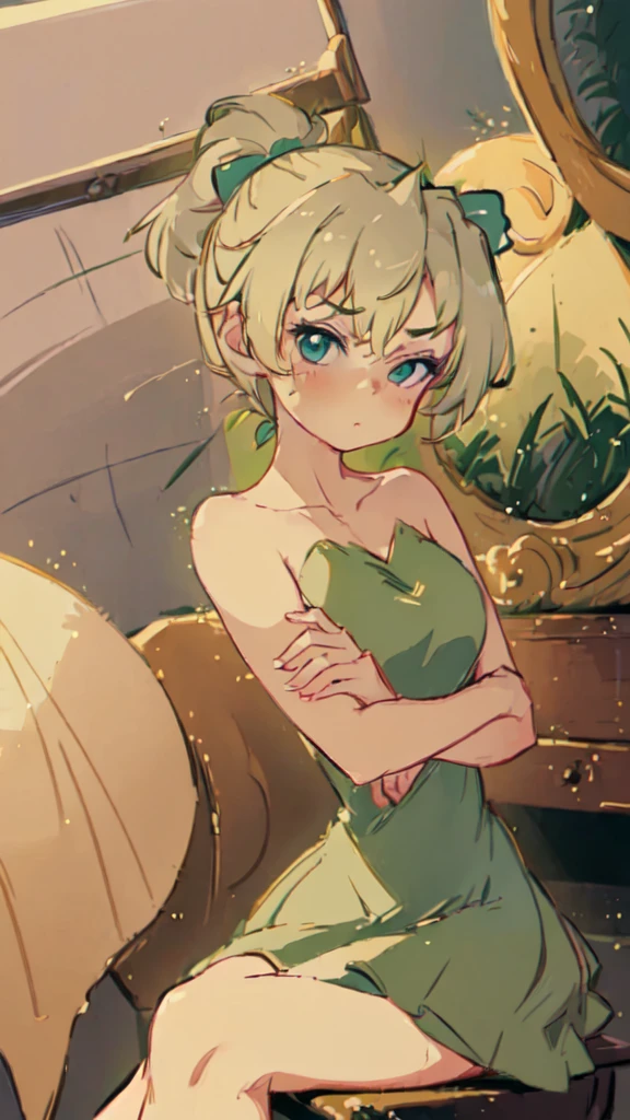 (masterpiece:1.4), (best quality:1.4), (high resolution:1.4), 1girl, tinker bell, short ponytail, fairy wings, green fairy outfit, crossed arms, crossed legs, angry, puffy cheeks, full-face blush, looking at viewer, 