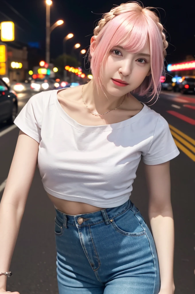 (8k, Highest quality, masterpiece:1,2), (Realistic, Photorealistic:1.37), Super detailed, One Girl,), (Very detailed), (Beautiful and detailed eyes), (Highest quality), (Very detailed ), (masterpiece), (Detailed face),20-year-old, ,1 Girl, whole body, Pink Hair,Very short hair, Medium chest, Dressed, Perfect lighting, Focus on pussy and breasts, View your viewers, Excited face, Mischievous face, Platinum Blonde Hair, short hair, Braid, on the road, night, Neon Light, White T-shirt, No bra, Black trousers, Front view, Are standing, In the crowd,