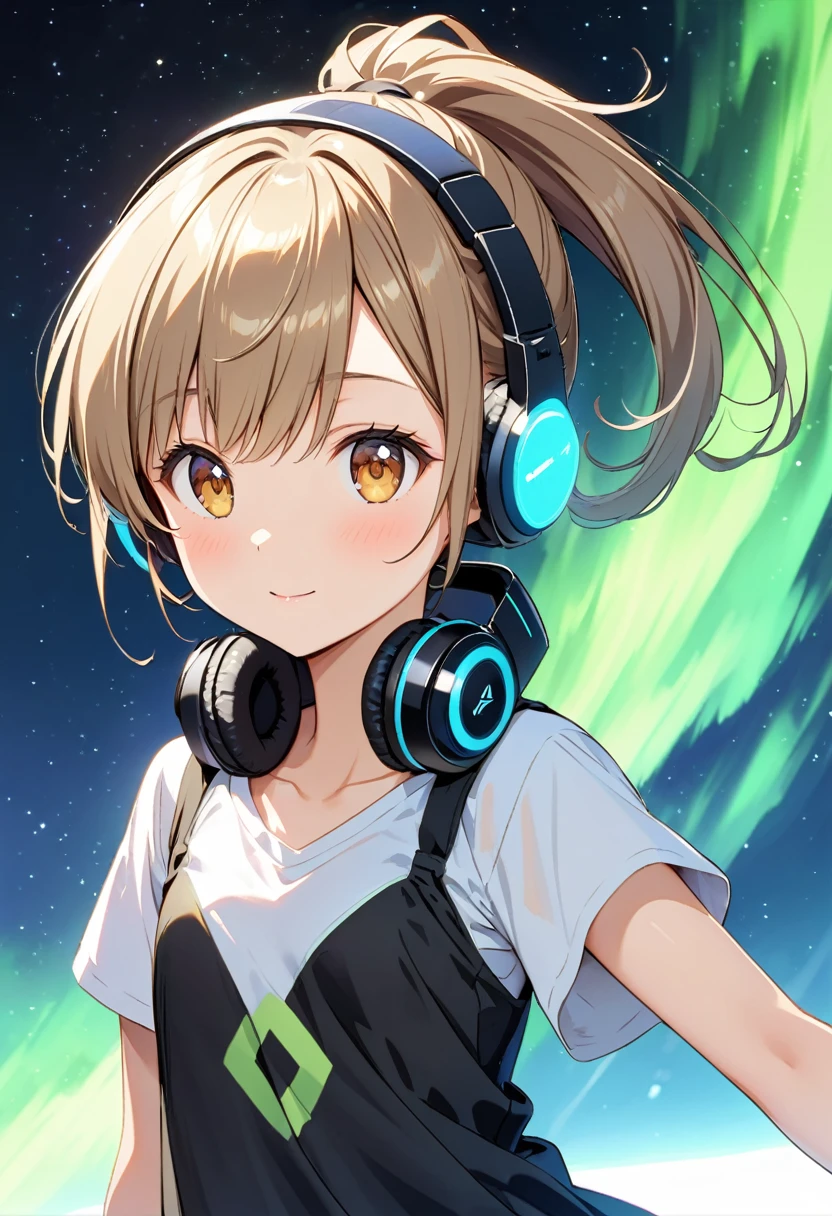 Night view, ponytail, Brown eyes, Flat Chest,  of the future, Aurora shining in the night sky, beautiful, Headphones，dazzling and，Light Spark Link