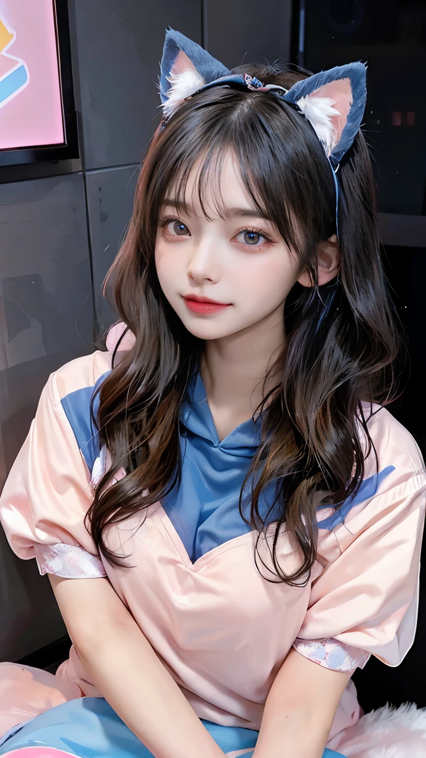 /imagine a beautiful anime girl live streaming from her room, with long black hair, big blue eyes, wearing a pink hoodie and a cute headset with cat ears, sitting in front of a modern computer setup with colorful LED lights, surrounded by plushies and posters on the wall, smiling and engaging with her audience, bright and cheerful atmosphere
