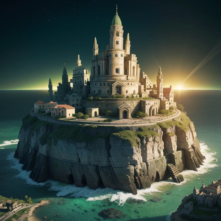 (Complex mini-city, locked on an island、Matera landscape), atmospheric greenish lighting, Realism, Granularity, super detail. 4k uhd, dark atmosphere, hyper detailed, Brightly colored greenish sky background, green sun, epic composition, Octane render, sharp focus, High resolution isometric, close up view.