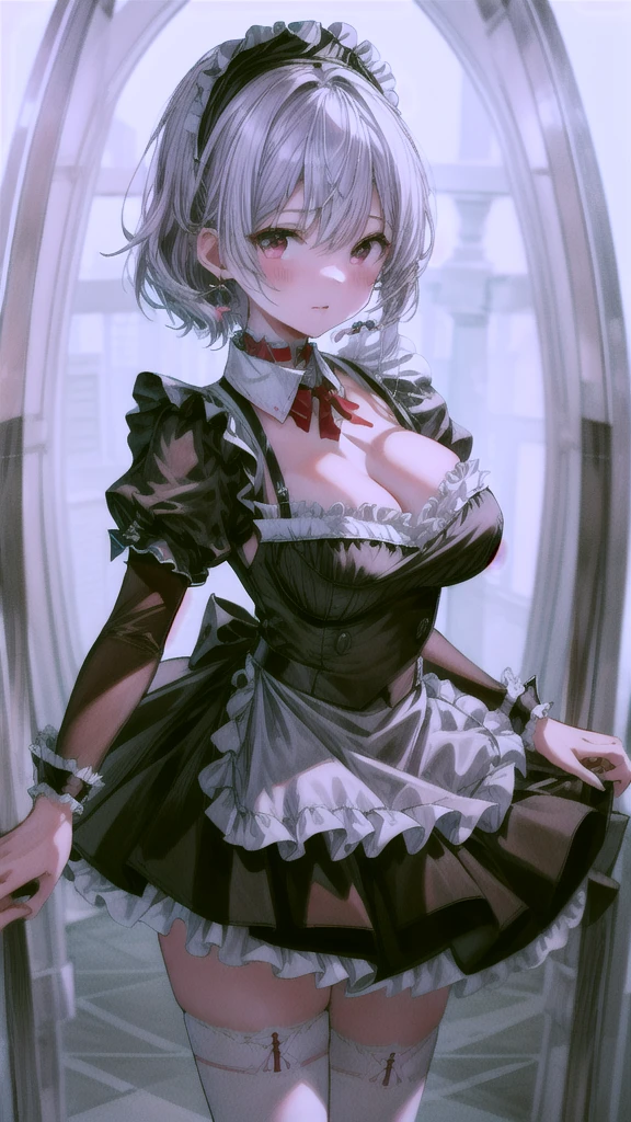 (masterpiece, best quality:1.2),illustration,8k,hd,1girl,solo,upper body,(portrait:1.2),short_hair,large_,white_hair,dress,white_thighhighs,underwear,short_sleeves,frills,apron,red_eyes,cleavagcollar,anchor_choker,maid,white maid,