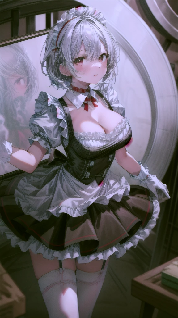 (masterpiece, best quality:1.2),illustration,8k,hd,1girl,solo,upper body,(portrait:1.2),short_hair,large_breasts,white_hair,dress,white_thighhighs,underwear,short_sleeves,frills,apron,red_eyes,cleavage,metal_collar,anchor_choker,maid,white maid,