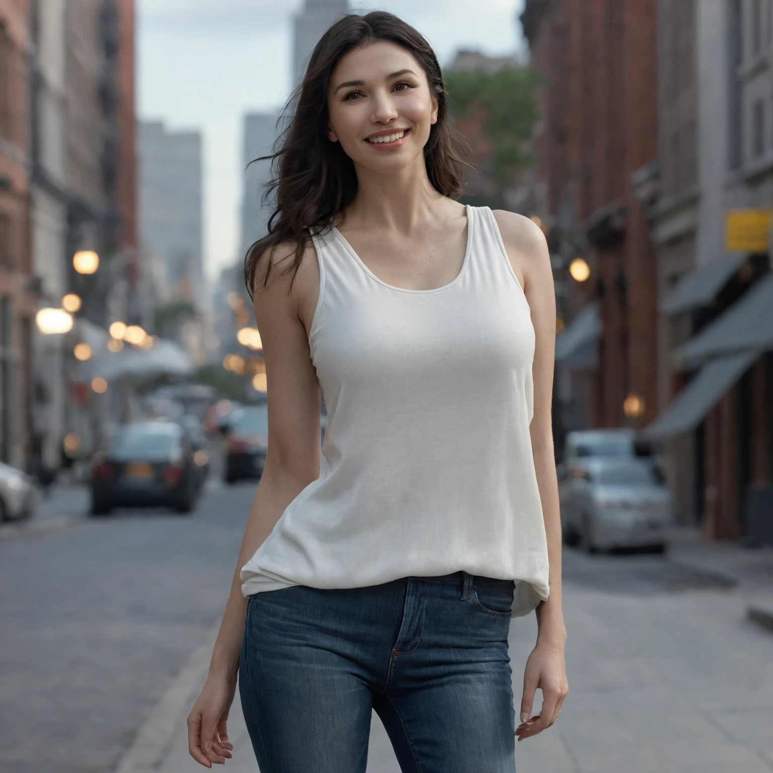 ((Grace Caroline Currey) ,Grace Fulton, Grace Currey, a woman with brown ,she stands outside in a city, high quality refelctions, volumetric lighting, she is wearing a white tanktop that is tugged into her jeans, 1 girl solo, cinematic lighting, high resolution, physically-based rendering, 8k, volumetric lighting, hyperrealistic, detailed facial features, masterpiece, full upper body, city in the background, you can see the fabric of the clothes and the knits very detailed, the focus is on her whole body and the environment, cinematic screenshot, you can see the (whole environment) and her standing on the street, the picture has a very soft look at soft textures, cute smile, her arms are on her side, nsfw