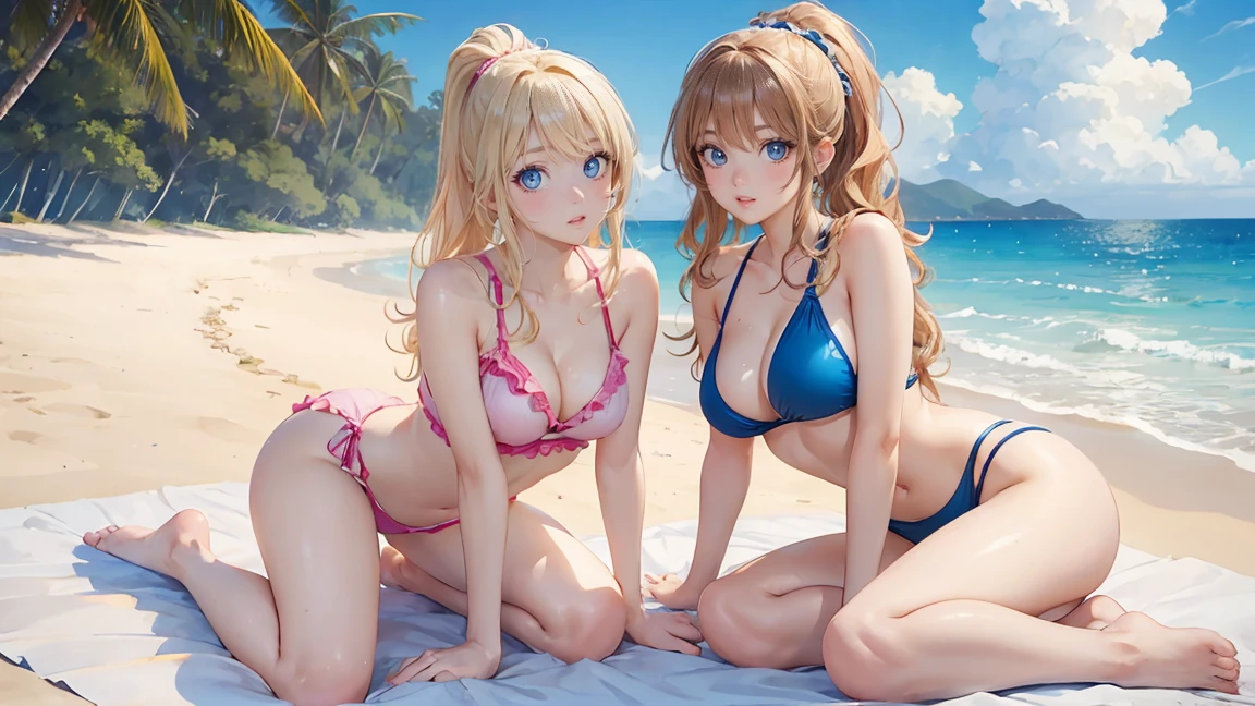 (masterpiece:1.2), (highest quality:1.2),, Curvy but slender body, perfect eyes, perfect face, perfect lighting, 2 girls, on the beach, (beach volleyball),(pink bikini),(ruffle bikini),(full body shot),(ponytail),(I can see your butt),curly hair, fine clothes, detailed outdoor background, compensate, eye shadow, thick eyelashes, fantasy, looking at the viewer, whole body、blue sky、Bright and very beautiful face、young shiny glossy white shiny skin、the best beauty、the most beautiful bright blonde hair in the world、thin hair、long hair、Shining beautiful bangs、big shining blue eyes、Very beautiful and lovely 18 years old, the most beautiful girl in the world、small breasts