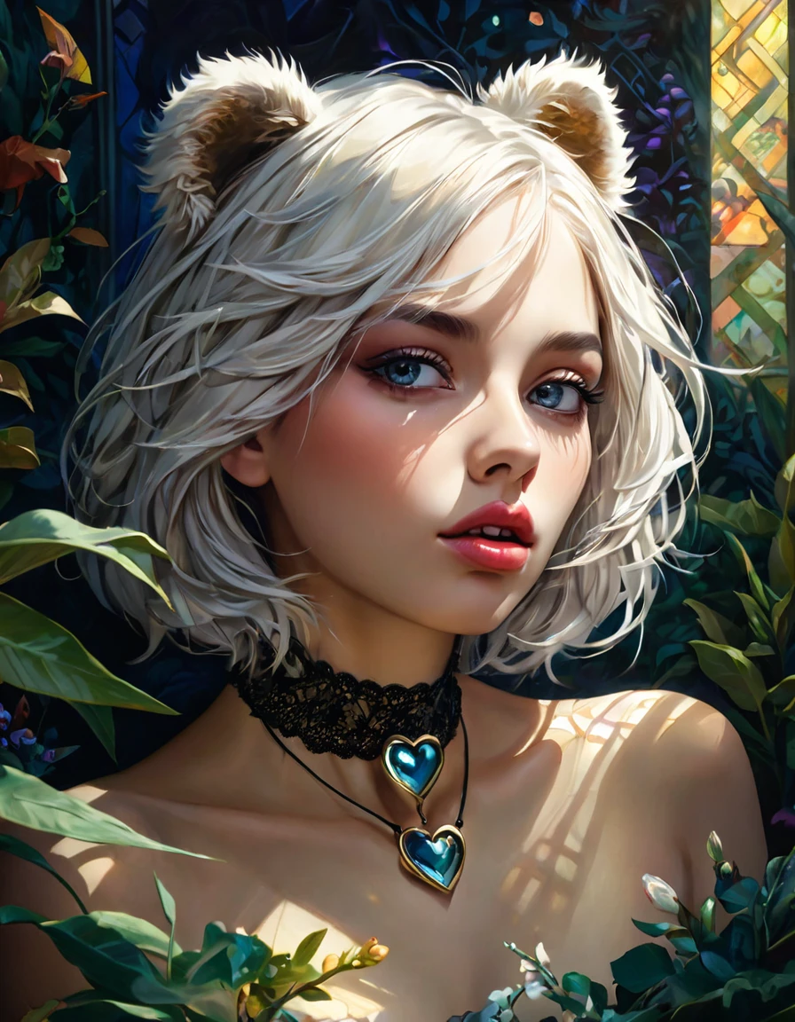 ,Beautiful flower々）, mole under the eye, heart-shaped choker, (masterpiece, top quality), official art, beautiful and aesthetic: 1.2), (1 girl), Very detailed, (geometry art : 1.3), colorful、white bob hair、bear ears、full body, masterpiece, high detailed, sex, masturbate pussy, submissive,bondage,beautiful detailed eyes,beautiful detailed lips,spread her pussy,cum,cum on pussy,masterbation,straddling,shoulder-length hair,expressive face,dreamlike atmosphere,shadow play,soft lighting,playful pose,enchanted garden,dark hues,ethereal background,fantasy elements,texture,layered composition.,(realistic,photorealistic,photo-realistic:1.37),intricate details,vivid colors,sharp focus,professional,Dave McKean artwork, oil touch of surrealism,oil painting style,portrait,woman,beautiful detailed eyes,beautiful detailed lips,dreamlike atmosphere,shadow play,soft lighting,playful pose,dark hues,ethereal background,fantasy elements,texture,layered composition.
