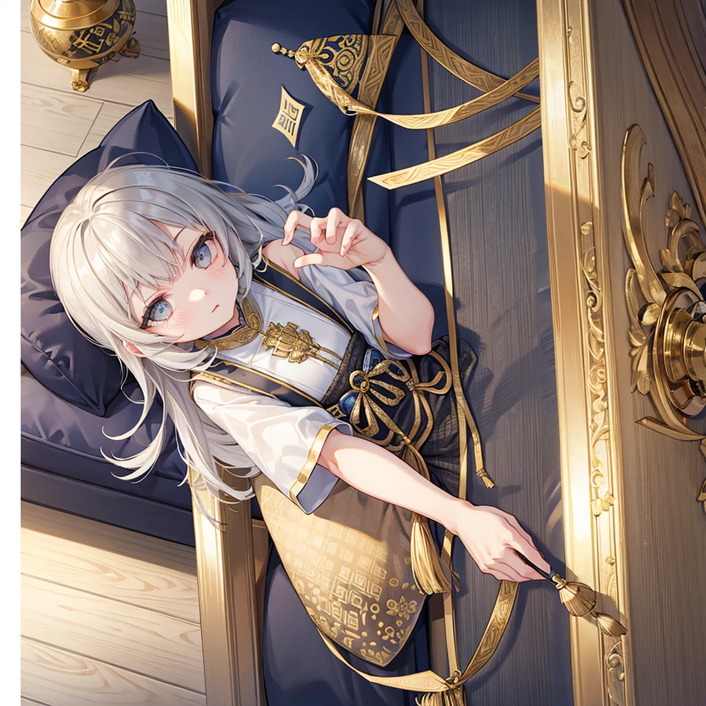 Grey square cushion、Gold rim、Gold pattern、Asian Taste、Tassels on all four corners