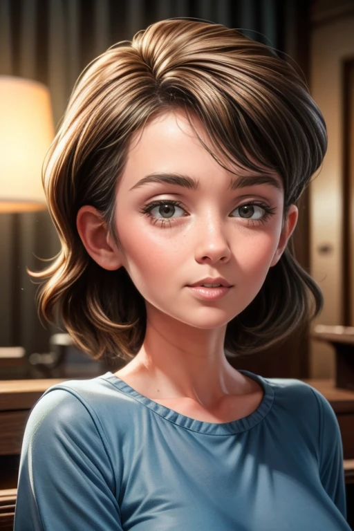 45-year-old woman、Bust up shot、One mature woman, Realistic facial wrinkles、Beautiful attention to detail, Medium Hair、Beautiful lip detail, Detailed face, Delicate facial features, Blue T-shirt、 Cinema Lighting, Soft Focus, Intricate details, Dramatic composition, Realistic, masterpiece, Surreal, 8k, Highest quality