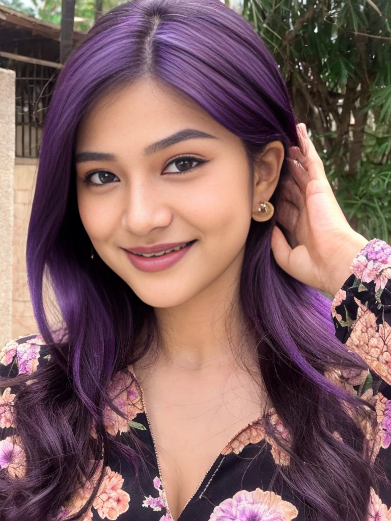 24 years old Malaysian girl, dark brown eyes:1.4, thin nose:1.4, thin lips:1.3,  slanted eyes:1.6, double eyelids:1.2,(multi layered dark purple hair:1.5), fundamental breast, rectangle body:1.4, cowboy shots, random pose, outdoor, halfbody shots, visible cleavage , Random location , smiling , wear floral clothes 