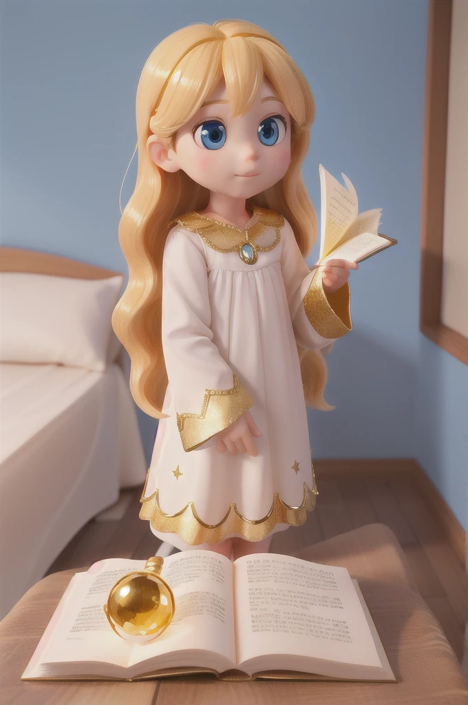 there is a with golden hair with beautiful and big brown eyes with white sparkles, she is in her room, while she is holding a book with a golden cover, she is sitting on the bed, and from the book emanates a golden light (( the book is magic)) the blue light emanates from the pages of the book, ((the blue light reflects on the little girl's face)), the book is color golden, is night and the only light is light from book((,particelle multiple shiny light from book)) ((fluo golden light from pages book))
((1 book)
