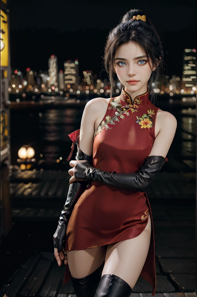 (RAW photo, best quality), (realistic, photo-realistic:1.3), best quality, highly detailed, masterpiece, ultra-detailed, illustration, Cute girl with short black hair, (ponytail), (city roof at night background), low light , green eyes , dark eyeliner, innocent smile, gorgeous face , super cute, 18 years old , young looking, hyper detailed face, dark eyeliner, (medium breast), (thin waist), (bare shoulders, (bare hips), red silk mini dress with yellow flower decoration, qipao, deep black leather thigh high boots, red silk long sleeve gloves with yellow flower decorations